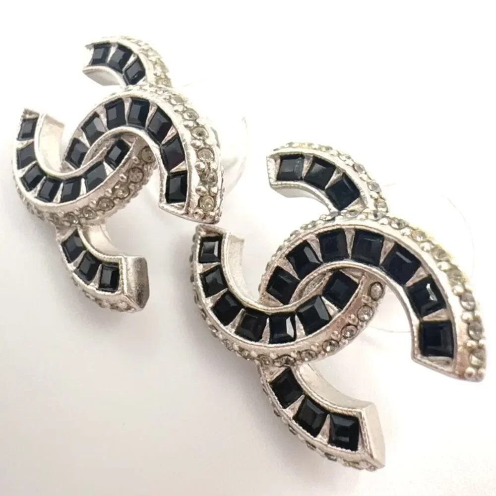 Chanel Coco Mark Earrings Silver Black Rhinestone